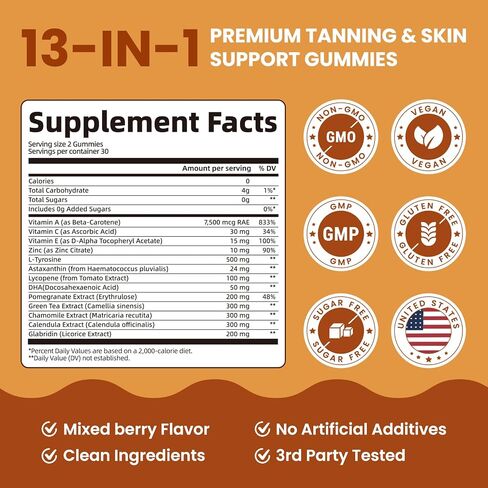 Tanning Gummies for Women & Men with Astaxanthin 24mg, Sunless Tanning Supplement with Beta Carotene, Vitamins, L-Tyrosine for Natural Glow, Skin Health, Antioxidant, Self Tanner, Vegan & Sugar Free in Kuwait