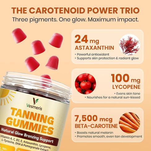 Tanning Gummies for Women & Men with Astaxanthin 24mg, Sunless Tanning Supplement with Beta Carotene, Vitamins, L-Tyrosine for Natural Glow, Skin Health, Antioxidant, Self Tanner, Vegan & Sugar Free in Kuwait
