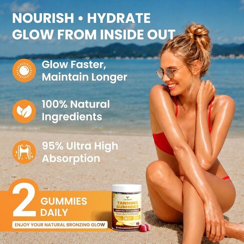 Tanning Gummies for Women & Men with Astaxanthin 24mg, Sunless Tanning Supplement with Beta Carotene, Vitamins, L-Tyrosine for Natural Glow, Skin Health, Antioxidant, Self Tanner, Vegan & Sugar Free in Kuwait