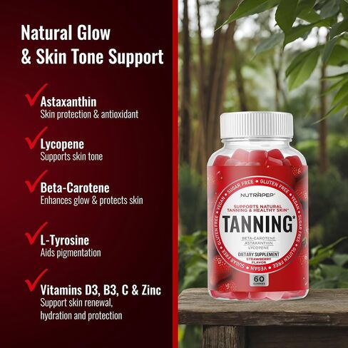 NutraPep Tanning Gummies for Women - Self Tan Bronzing Supplement that Work Without Sun - No Sugar Vegan with Astaxanthin Lycopene Beta Carotene Vitamins - Glow Up Skin Health Daily Oral Tanning Chews in Saudi Arabia