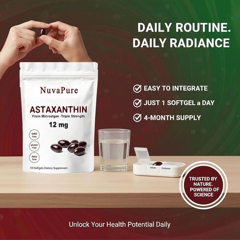 Nuvapure Astaxanthin with Mct Oil - Pure 12mg, Antioxidants Supplement, Supports for Eye &Joint & Skin Health| 2 Month Supply| 60 Softgels (1) in Saudi Arabia