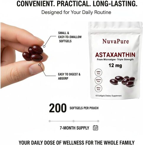 Nuvapure Astaxanthin with Mct Oil - Pure 12mg, Antioxidants Supplement, Supports for Eye &Joint & Skin Health| 2 Month Supply| 60 Softgels (1) in Saudi Arabia