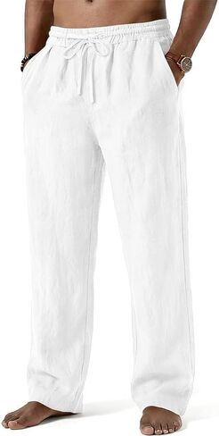Men's Cotton Linen Pants Casual Summer Beach Pants Loose Fit with Elastic Waist Drawstring Yoga Trousers Slacks in Saudi Arabia