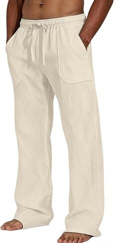 Men's Cotton Linen Casual Pants Elastic Waist Drawstring Loose Straight Leg Lightweight Summer Beach Yoga Lounge Trousers in Saudi Arabia
