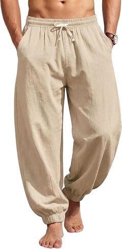 Men's Cotton Linen Pants Casual Lantern Pants Summer Elastic Waist Jogger Yoga Trousers with Pockets in Kuwait