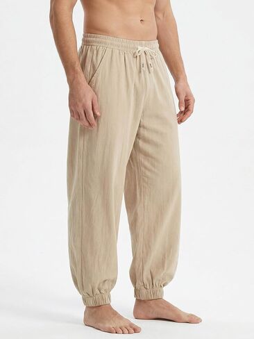 Men's Cotton Linen Pants Casual Lantern Pants Summer Elastic Waist Jogger Yoga Trousers with Pockets in Kuwait