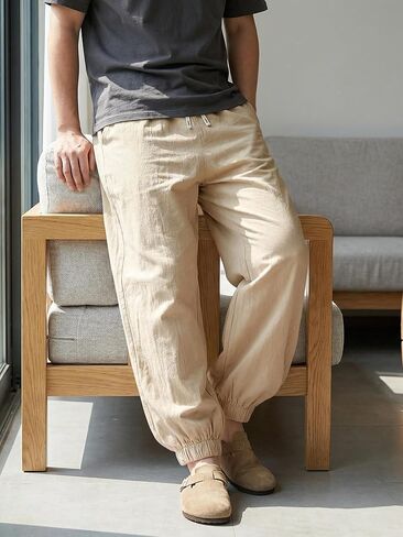 Men's Cotton Linen Pants Casual Lantern Pants Summer Elastic Waist Jogger Yoga Trousers with Pockets in Kuwait