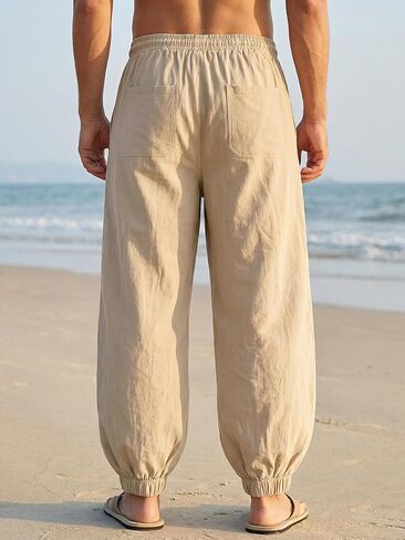 Men's Cotton Linen Pants Casual Lantern Pants Summer Elastic Waist Jogger Yoga Trousers with Pockets in Kuwait
