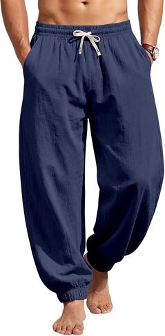 Men's Cotton Linen Pants Casual Lantern Pants Summer Elastic Waist Jogger Yoga Trousers with Pockets in Saudi Arabia