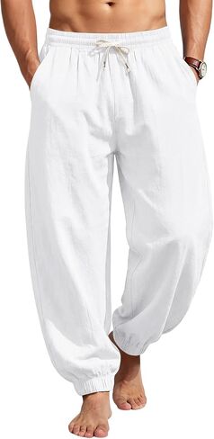 Men's Cotton Linen Pants Casual Lantern Pants Summer Elastic Waist Jogger Yoga Trousers with Pockets in Kuwait