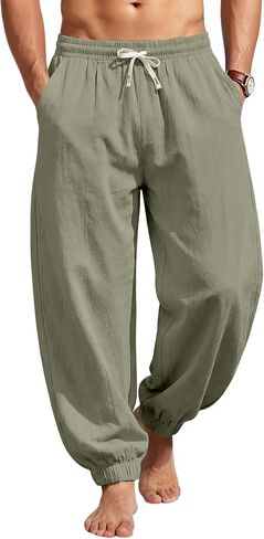 Men's Cotton Linen Pants Casual Lantern Pants Summer Elastic Waist Jogger Yoga Trousers with Pockets in Kuwait