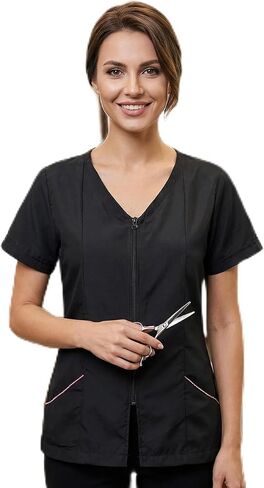 Womens Professional Beauty Salon and Barber Smock, Hair Stylist Tools Smock Jacket, Zippered Jacket with Pockets,Black & pink in Kuwait