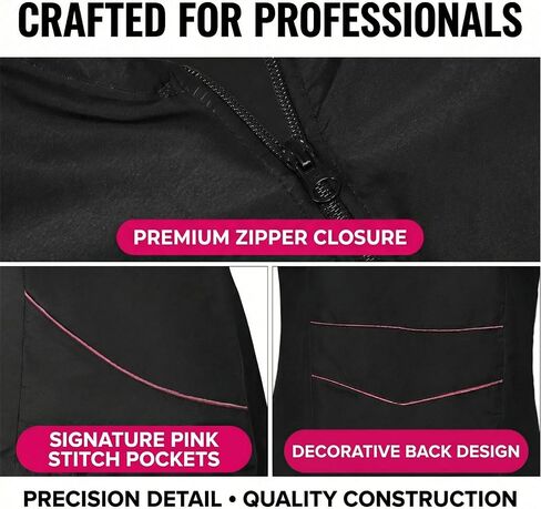 Womens Professional Beauty Salon and Barber Smock, Hair Stylist Tools Smock Jacket, Zippered Jacket with Pockets,Black & pink in Kuwait