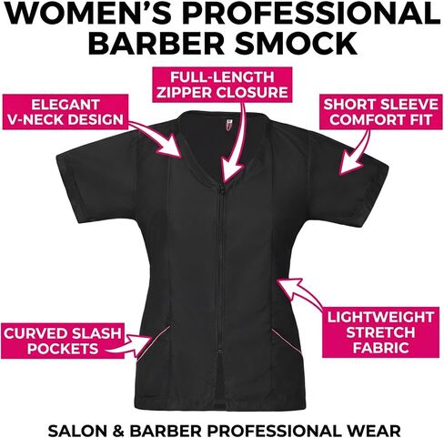 Womens Professional Beauty Salon and Barber Smock, Hair Stylist Tools Smock Jacket, Zippered Jacket with Pockets,Black & pink in Kuwait
