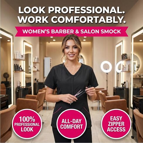 Womens Professional Beauty Salon and Barber Smock, Hair Stylist Tools Smock Jacket, Zippered Jacket with Pockets,Black & pink in Kuwait