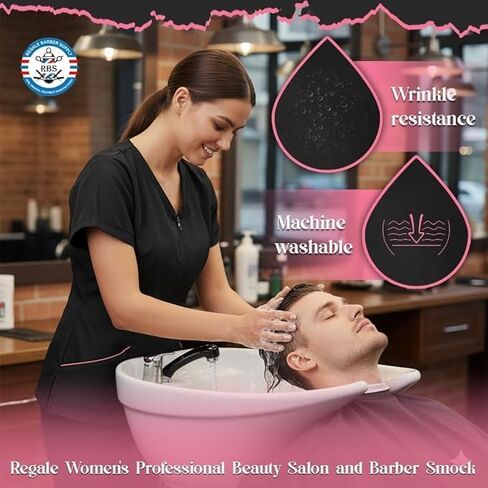 Womens Professional Beauty Salon and Barber Smock, Hair Stylist Tools Smock Jacket, Zippered Jacket with Pockets,Black & pink in Kuwait