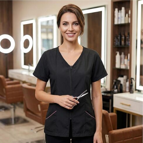 Womens Professional Beauty Salon and Barber Smock, Hair Stylist Tools Smock Jacket, Zippered Jacket with Pockets,Black & pink in Kuwait