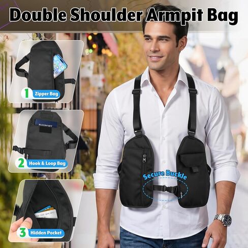 Double Shoulder Armpit Bag Anti-Theft Underarm Wallet Hidden Phone Holster Chest Pocket - Anti-Pickpocket EDC Crossbody Carry Pack for Travel Outdoor Cycling Commute Work, Adjustable Strap for Men in Kuwait