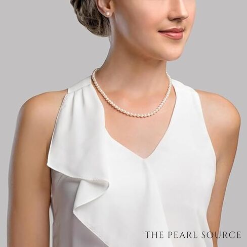 The Pearl Source Premium 14K Gold 7.0-7.5mm AAA Quality Round Genuine White Japanese Akoya Saltwater Cultured Pearl Necklace in 16" Choker Length for Women in Kuwait