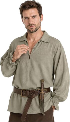 Men's Pirate Shirt — 100% Cotton Medieval Renaissance Poet Blouse with Frog-Button Neck for Steampunk, LARP & Cosplay in Saudi Arabia
