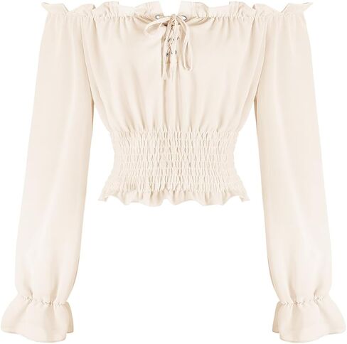 Women's Beige Renaissance Cottagecore Shirt Off Shoulder Tie Front Corset Waist Blouse Puff Long Sleeve Peasant Top in Kuwait