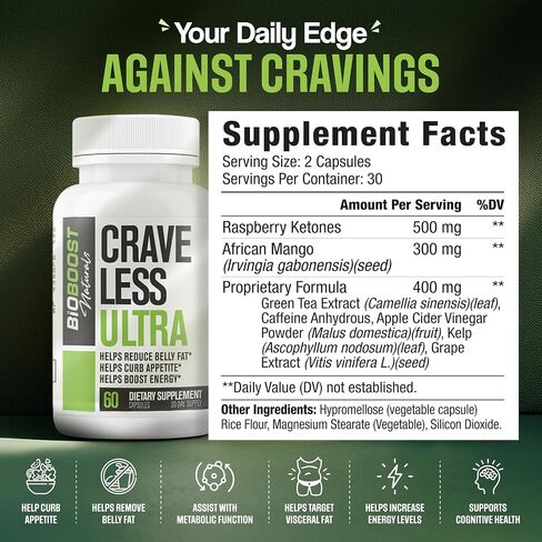 Crave Less Ultra - Supports GLP-1 Pathway Function - Weight Loss Pills/Appetite Suppressnt + Fat Burner for Women & Men | Increase Energy - 3rd Party Tested Formula - 60 Capsules for Adults in Saudi Arabia