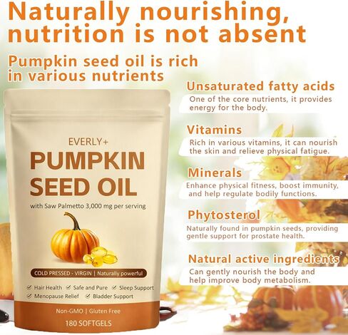 Everly Pumpkin Seed Oil with Saw Palmetto,Cold Pressed, Pure Virgin Oil,Essential Fatty Acids, & Phytosterols | Non-GMO,180 SOFTGELS in Kuwait