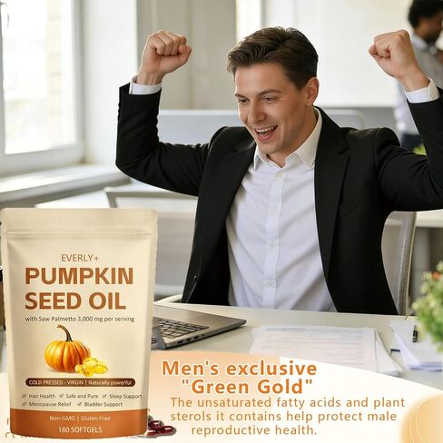 Everly Pumpkin Seed Oil with Saw Palmetto,Cold Pressed, Pure Virgin Oil,Essential Fatty Acids, & Phytosterols | Non-GMO,180 SOFTGELS in Kuwait