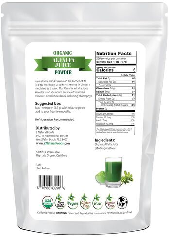Z Natural Foods Organic Alfalfa Juice Powder, Green Grass Superfood Powder, Mix in Smoothies, Drinks, Recipes - Raw, All Natural, Non GMO, Vegan, Gluten Free - 1 lb in Saudi Arabia