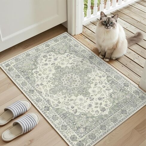 2x6 Washable Kitchen Runner Rug, Non Slip Vintage Runner Rugs for Hallway, Ultra-Thin Low Pile Distressed Kitchen Rugs Non Skid, Machine Washable Laundry Entryway Indoor Carpet,Beige/Blue in Kuwait