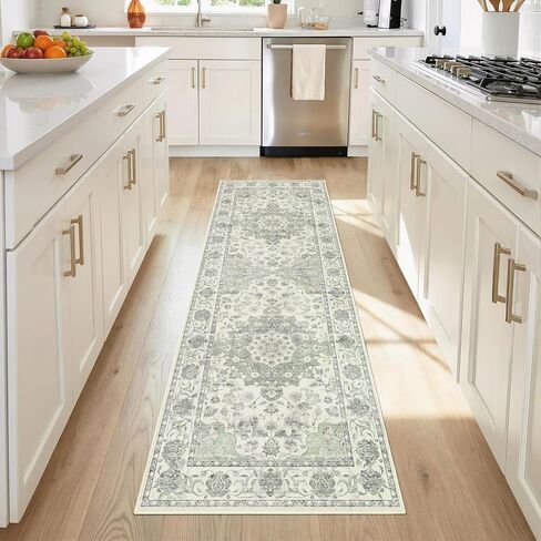 2x6 Washable Kitchen Runner Rug, Non Slip Vintage Runner Rugs for Hallway, Ultra-Thin Low Pile Distressed Kitchen Rugs Non Skid, Machine Washable Laundry Entryway Indoor Carpet,Beige/Blue in Kuwait