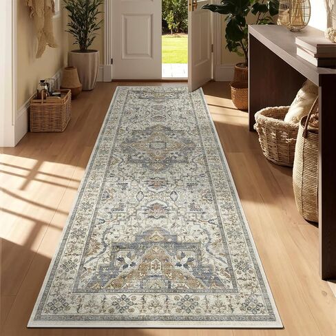 2x6 Washable Kitchen Runner Rug, Non Slip Vintage Runner Rugs for Hallway, Ultra-Thin Low Pile Distressed Kitchen Rugs Non Skid, Machine Washable Laundry Entryway Indoor Carpet,Beige/Blue in Kuwait
