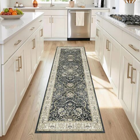 2x6 Washable Kitchen Runner Rug, Non Slip Vintage Runner Rugs for Hallway, Ultra-Thin Low Pile Distressed Kitchen Rugs Non Skid, Machine Washable Laundry Entryway Indoor Carpet,Beige/Blue in Kuwait