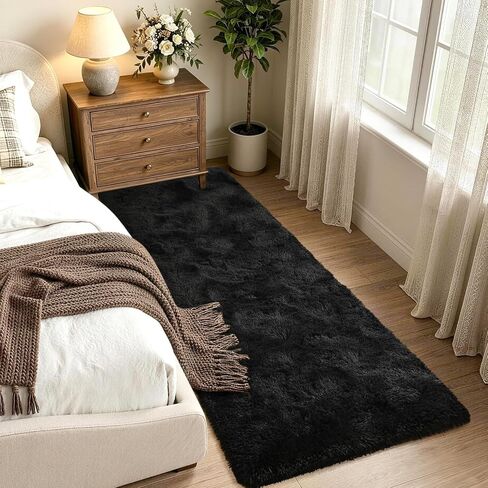 2x6 Black Runner Rug for Bedroom Hallway Living Room, Fluffy Shag Soft Plush Furry Carpet Solid Color, Non-Slip Indoor Floor Mat for Entryway Bathroom Bedside Laundry Living Room Home Decor in Saudi Arabia