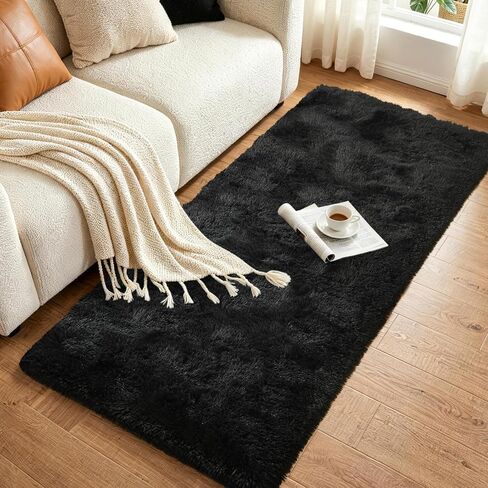 2x6 Black Runner Rug for Bedroom Hallway Living Room, Fluffy Shag Soft Plush Furry Carpet Solid Color, Non-Slip Indoor Floor Mat for Entryway Bathroom Bedside Laundry Living Room Home Decor in Saudi Arabia