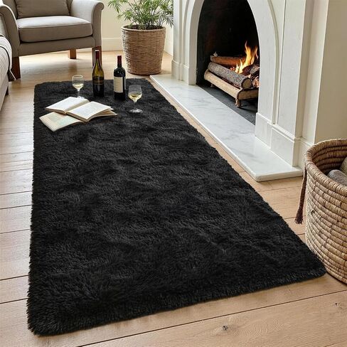 2x6 Black Runner Rug for Bedroom Hallway Living Room, Fluffy Shag Soft Plush Furry Carpet Solid Color, Non-Slip Indoor Floor Mat for Entryway Bathroom Bedside Laundry Living Room Home Decor in Saudi Arabia
