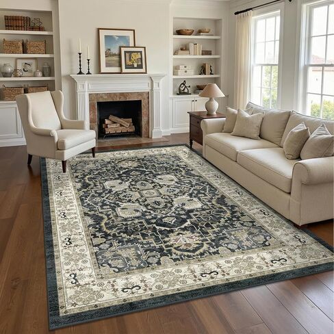 2x6 Washable Kitchen Runner Rug, Non Slip Vintage Runner Rugs for Hallway, Ultra-Thin Low Pile Distressed Kitchen Rugs Non Skid, Machine Washable Laundry Entryway Indoor Carpet,Beige/Blue in Kuwait