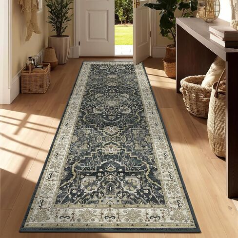 2x6 Washable Kitchen Runner Rug, Non Slip Vintage Runner Rugs for Hallway, Ultra-Thin Low Pile Distressed Kitchen Rugs Non Skid, Machine Washable Laundry Entryway Indoor Carpet,Beige/Blue in Kuwait