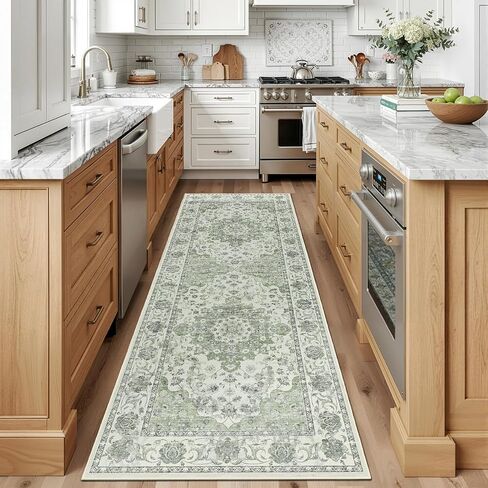 2x6 Washable Kitchen Runner Rug, Non Slip Vintage Runner Rugs for Hallway, Ultra-Thin Low Pile Distressed Kitchen Rugs Non Skid, Machine Washable Laundry Entryway Indoor Carpet,Beige/Blue in Kuwait