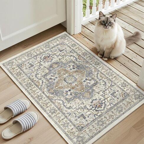 2x6 Washable Kitchen Runner Rug, Non Slip Vintage Runner Rugs for Hallway, Ultra-Thin Low Pile Distressed Kitchen Rugs Non Skid, Machine Washable Laundry Entryway Indoor Carpet,Beige/Blue in Kuwait
