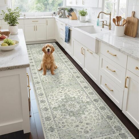 2x6 Washable Kitchen Runner Rug, Non Slip Vintage Runner Rugs for Hallway, Ultra-Thin Low Pile Distressed Kitchen Rugs Non Skid, Machine Washable Laundry Entryway Indoor Carpet,Beige/Blue in Kuwait