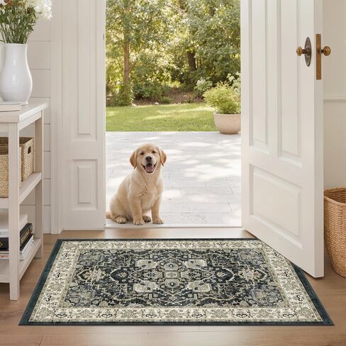 2x6 Washable Kitchen Runner Rug, Non Slip Vintage Runner Rugs for Hallway, Ultra-Thin Low Pile Distressed Kitchen Rugs Non Skid, Machine Washable Laundry Entryway Indoor Carpet,Beige/Blue in Kuwait