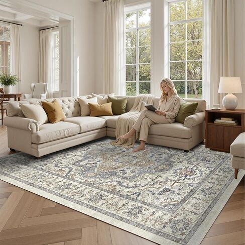 2x6 Washable Kitchen Runner Rug, Non Slip Vintage Runner Rugs for Hallway, Ultra-Thin Low Pile Distressed Kitchen Rugs Non Skid, Machine Washable Laundry Entryway Indoor Carpet,Beige/Blue in Kuwait