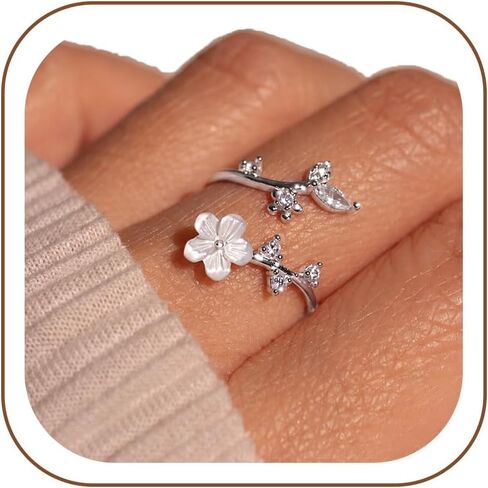 ZOERAY Gold Flower Rings for Women Non Tarnish Dainty Cubic Zirconia Mother of Pearl Adjustable Pinky Ring Stacking Silver Rose 14K Gold Plated Thumb Rings for Women Engagement Wedding Gifts Jewelry in Saudi Arabia