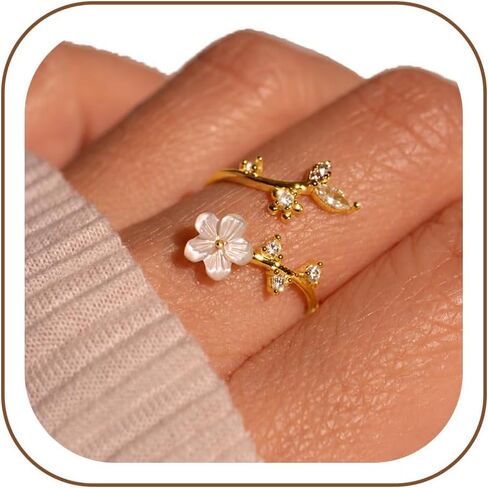 ZOERAY Gold Flower Rings for Women Non Tarnish Dainty Cubic Zirconia Mother of Pearl Adjustable Pinky Ring Stacking Silver Rose 14K Gold Plated Thumb Rings for Women Engagement Wedding Gifts Jewelry in Saudi Arabia