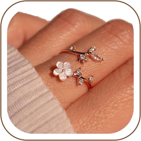 ZOERAY Gold Flower Rings for Women Non Tarnish Dainty Cubic Zirconia Mother of Pearl Adjustable Pinky Ring Stacking Silver Rose 14K Gold Plated Thumb Rings for Women Engagement Wedding Gifts Jewelry in Saudi Arabia