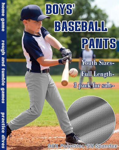 Halfchet 3 Pack Boys' Baseball Pants Youth Softball Pants with Pockets Kids Fast Pitch Ball Practice Trousers 4T-14 Years in Kuwait