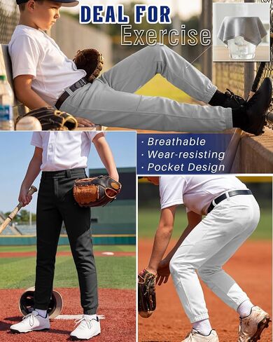 Halfchet 3 Pack Boys' Baseball Pants Youth Softball Pants with Pockets Kids Fast Pitch Ball Practice Trousers 4T-14 Years in Kuwait