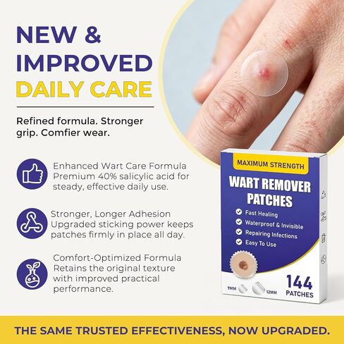 QIYANA Wart Remover Patches, 40% Salicylic Acid Hydrocolloid Patches, Enhanced Adhesive Waterproof Invisible Stickers for Common Plantar Warts, Skin Bumps on Fingers Feet Toes,144 Patches in Kuwait