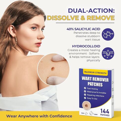 QIYANA Wart Remover Patches, 40% Salicylic Acid Hydrocolloid Patches, Enhanced Adhesive Waterproof Invisible Stickers for Common Plantar Warts, Skin Bumps on Fingers Feet Toes,144 Patches in Kuwait
